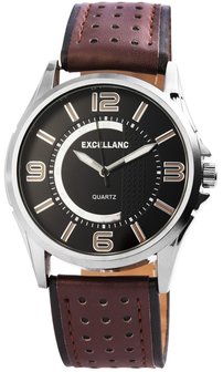 Excellanc XXL herenhorloge met lederen band - zwart / donkerbruin