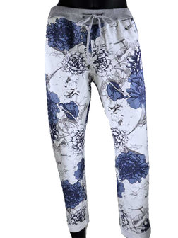 Dames comfy broek met bloemenprint - blauw / wit
