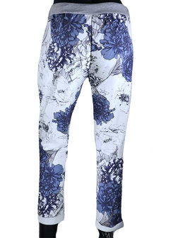 Dames comfy broek met bloemenprint - blauw / wit