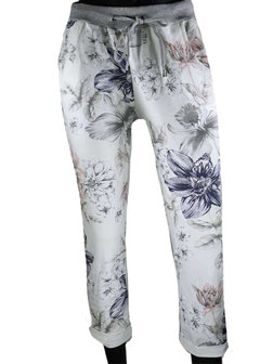 Dames comfy broek met bloemenprint - blauw / wit