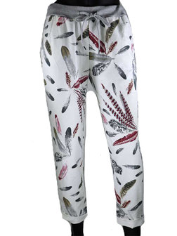 Dames comfy broek met verenprint - rood / grijs