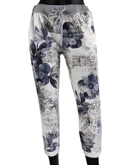 Dames comfy broek met bloemenprint - blauw / wit