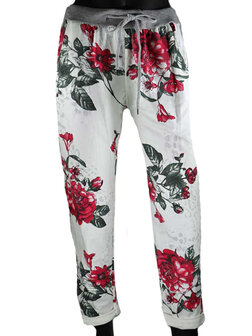 Dames comfy broek met bloemenprint - rood / wit