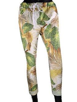 Dames comfy broek met tropical print - bruin / groen