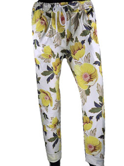 Dames comfy broek met bloemenprint - geel / wit