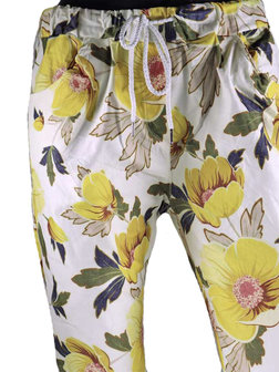 Dames comfy broek met bloemenprint - geel / wit