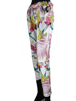 Dames comfy broek met tropical print - roze / wit