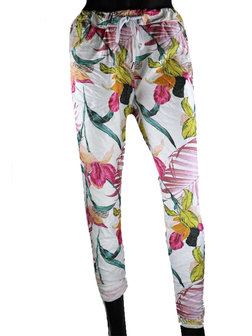 Dames comfy broek met tropical print - roze / wit