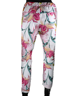 Dames comfy broek met tropical print - roze / wit