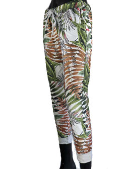 Dames comfy broek met tropical print - bruin / groen