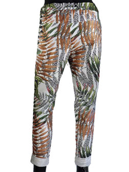 Dames comfy broek met tropical print - bruin / groen