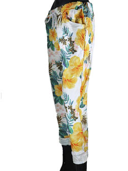 Dames comfy broek met bloemenprint - geel / wit