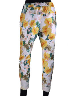 Dames comfy broek met bloemenprint - geel / wit