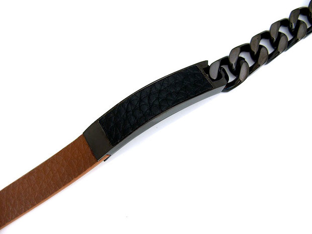 Armband half edelstaal / half leder - bruin / zwart