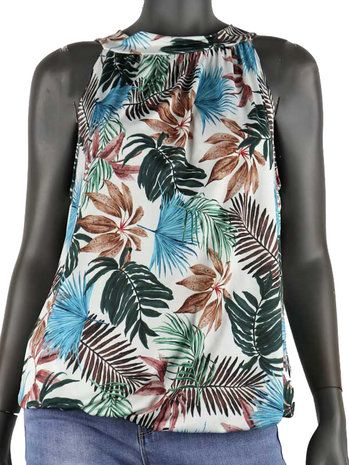 Dames mouwloze top met tropical print - wit / blauw