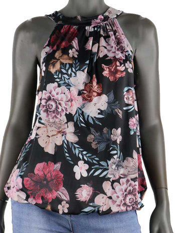 Dames mouwloze top met bloemen print - zwart / roze