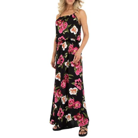Dames zomerjurk katoen / lange jurk met bloemen - zwart