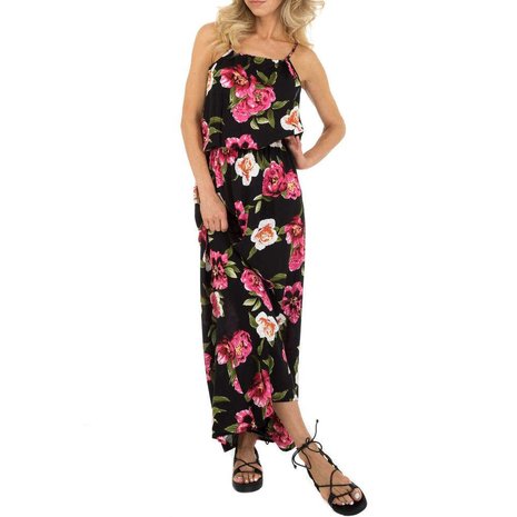 Dames zomerjurk katoen / lange jurk met bloemen - zwart