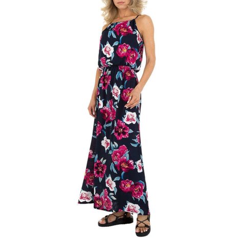Dames zomerjurk katoen / lange jurk met bloemen - donkerblauw