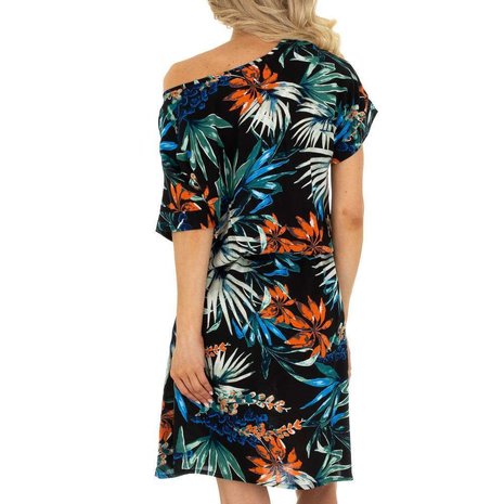 Dames zomerjurk katoen / halflange jurk met tropical print - zwart