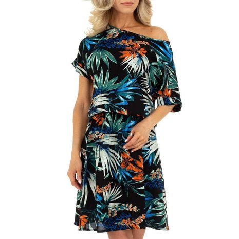 Dames zomerjurk katoen / halflange jurk met tropical print - zwart