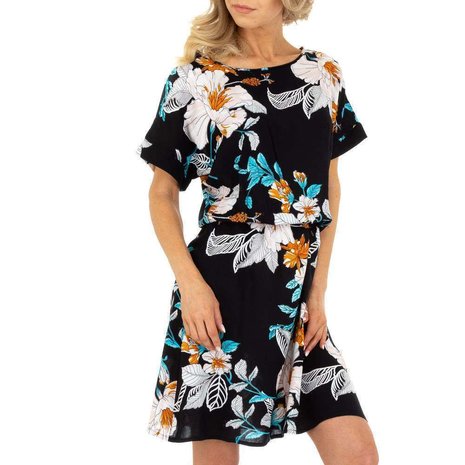 Dames zomerjurk katoen / halflange jurk met bloemen - zwart