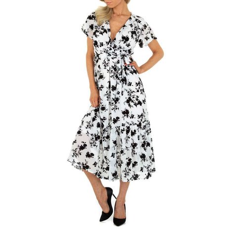 Dames / boho jurk met bloemen - wit / zwart - Lunamex & Fashion