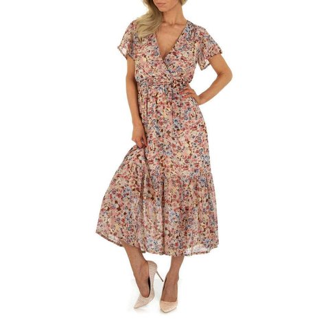 Dames maxi-jurk / boho jurk met bloemen - bordeaux / beige