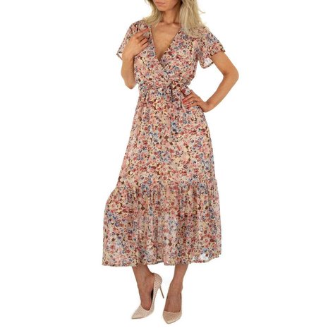 Dames maxi-jurk / boho jurk met bloemen - bordeaux / beige