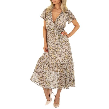 Dames maxi-jurk / boho jurk met bloemen - beige