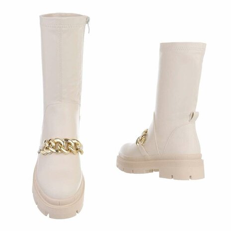 Dames biker boots enkellaarzen / motor-look laarsjes met ketting - beige