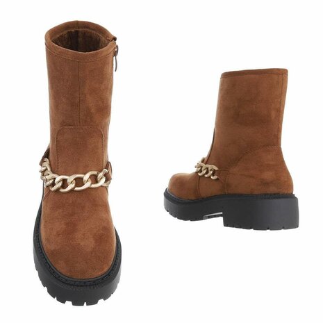 Dames biker boots enkellaarzen / motor-look laarsjes met ketting - camel