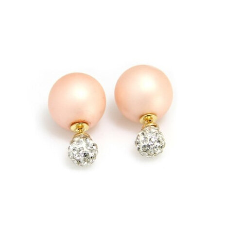 Double Blings (Dots look) oorbellen met parel en strass - wit / roze