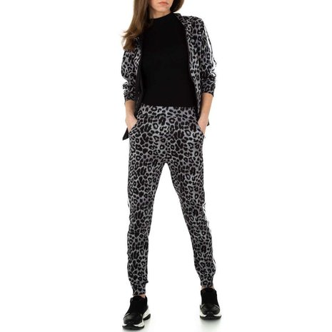 Dames comfy huispak / joggingpak met panterprint - grijs