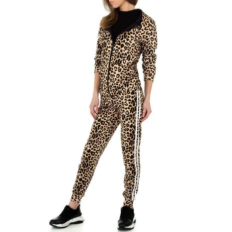 Dames comfy huispak / joggingpak met panterprint - bruin