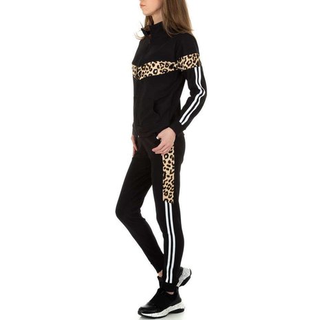 Dames comfy huispak / joggingpak met panterprint - zwart