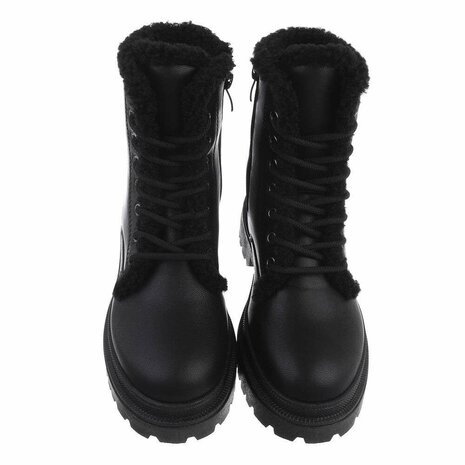 Dames veterboots / laarsjes met teddy voering - zwart