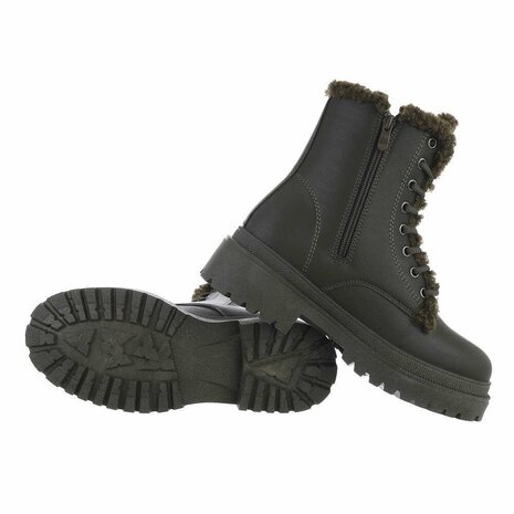 Dames veterboots / laarsjes met teddy voering - legergroen