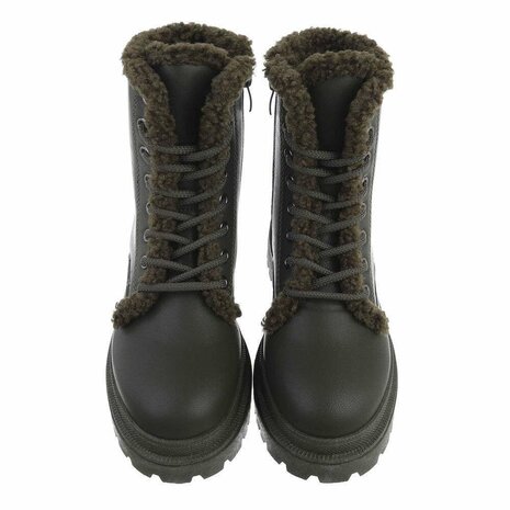 Dames veterboots / laarsjes met teddy voering - legergroen