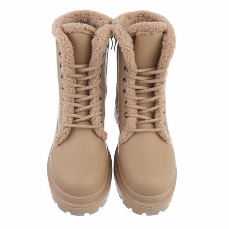 Dames veterboots / laarsjes met teddy voering - lichtbruin