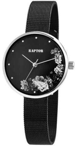 Raptor Watches dameshorloge met stalen band, Flower - zwart