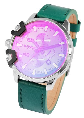 Raptor Watches Limited herenhorloge met lederen band, Arve - groen / paars