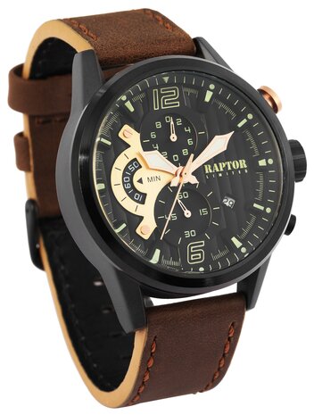 Raptor Watches Limited chronograaf herenhorloge met lederen band, Rife - bruin / antraciet