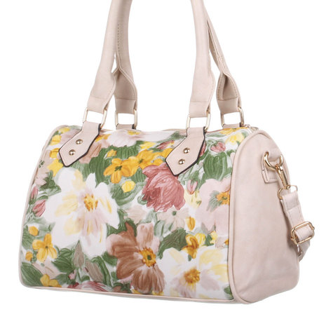 Dames tas handtas middelgroot met bloemen beige Lunamex