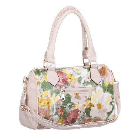 Dames tas / handtas middelgroot met bloemen - beige