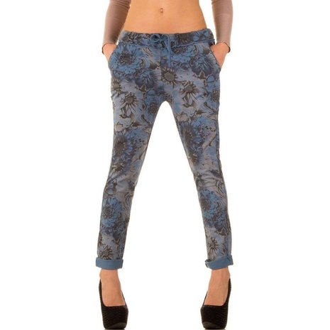 Dames katoenen broek / chino met bloemenprint - blauw