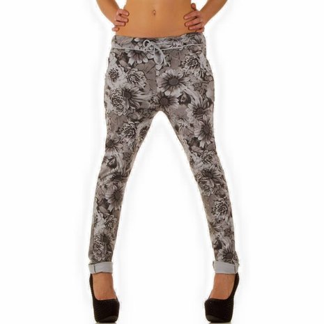 Dames katoenen broek / chino met bloemenprint - grijs