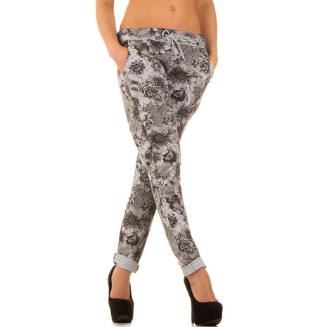 Dames katoenen broek / chino met bloemenprint - grijs