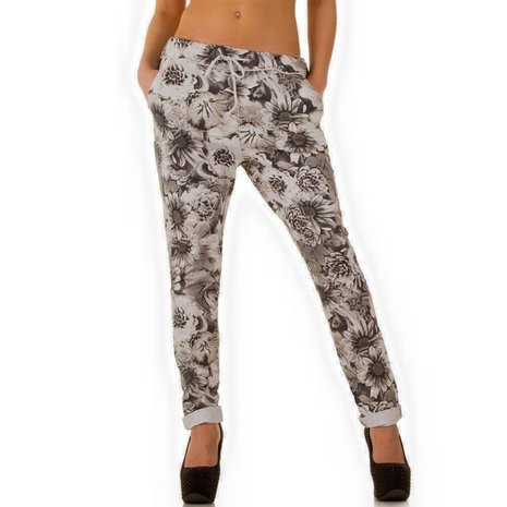 Dames katoenen broek / chino met bloemenprint - creme