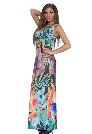 Dames maxi dress / lange jurk met bloemenprint - mint / koraal